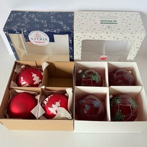 Set of 7 Hand-Painted Polish Glass Christmas Ornaments – Red Designs, 2 Boxes